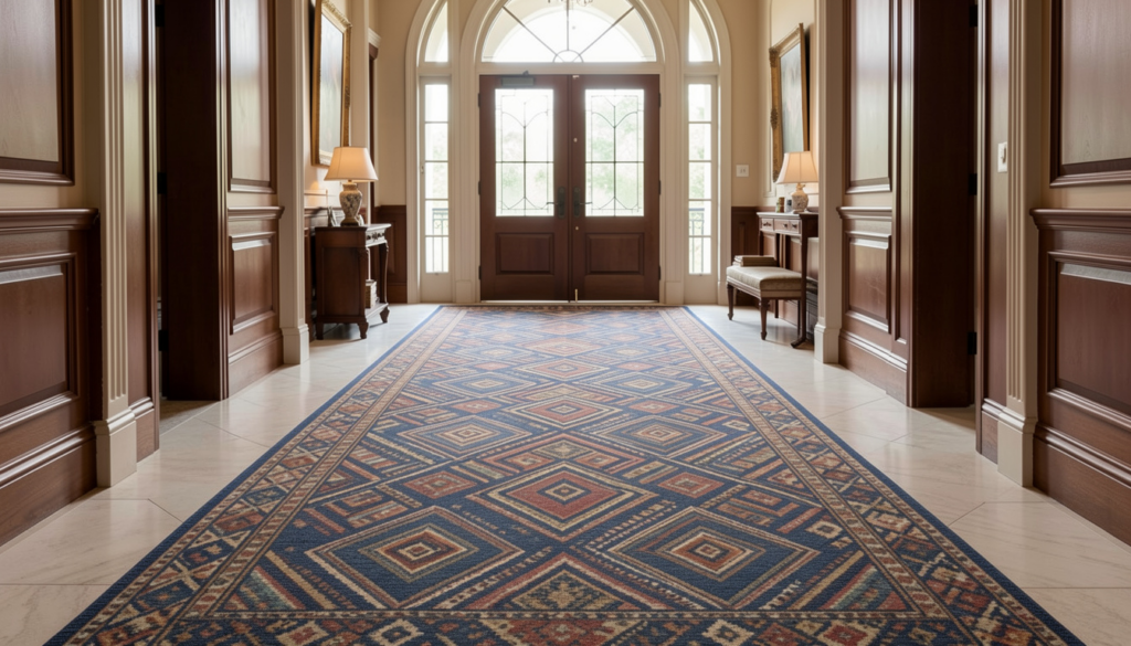 Blue geometric carpet runner stretching through a grand entryway with wooden wall panels and double doors