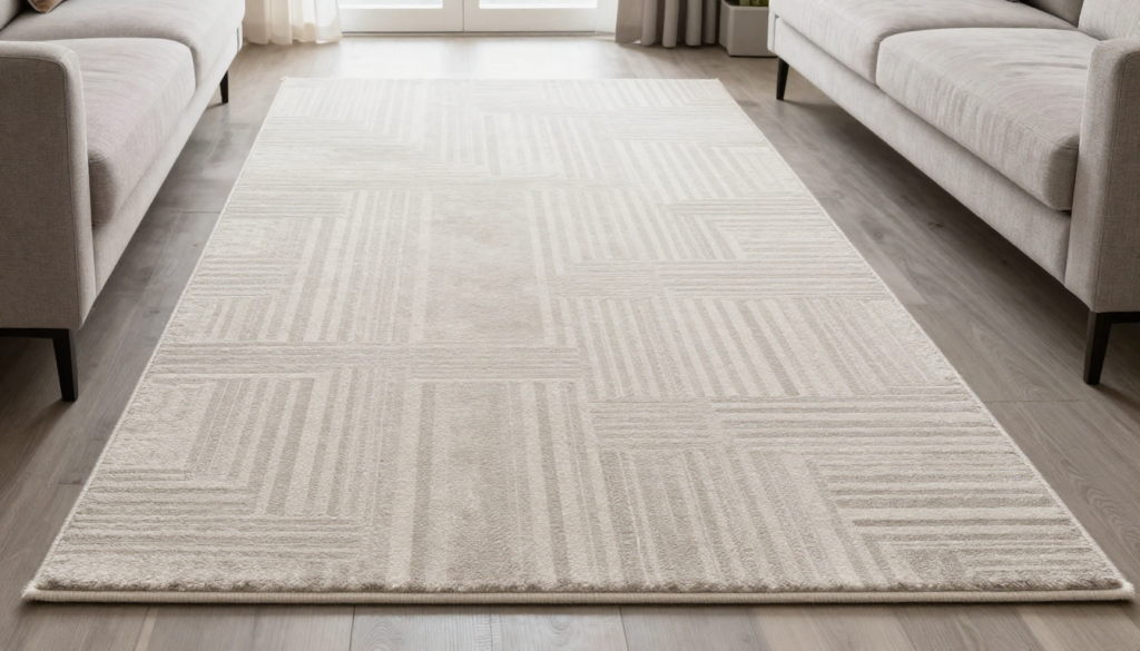 Light neutral area rug with subtle geometric texture positioned between two sofas in a modern living room.