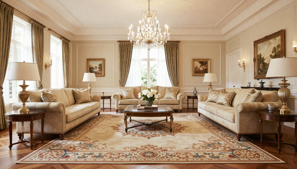 Luxury wool carpets in cream and gold tones centered under a chandelier in an elegant sitting room.