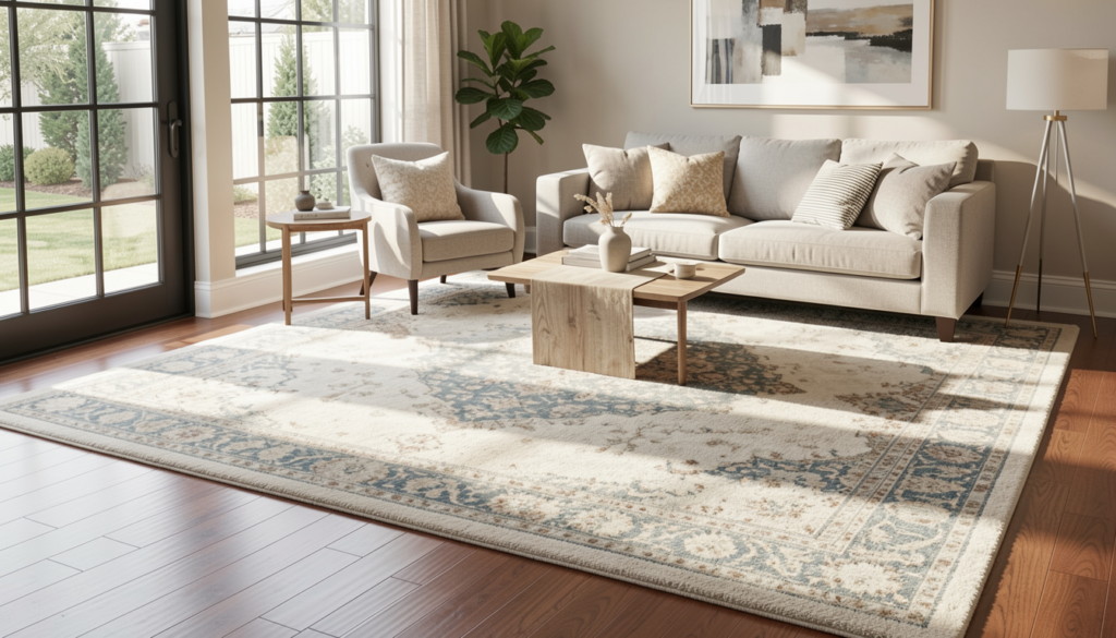 Luxury wool carpets in light neutral shades with subtle patterns in a bright contemporary living space.