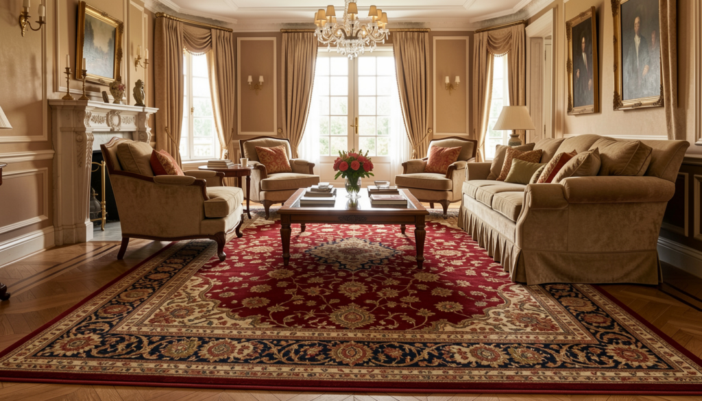 Luxury wool carpets in rich red traditional pattern anchoring a formal living room with classic décor.