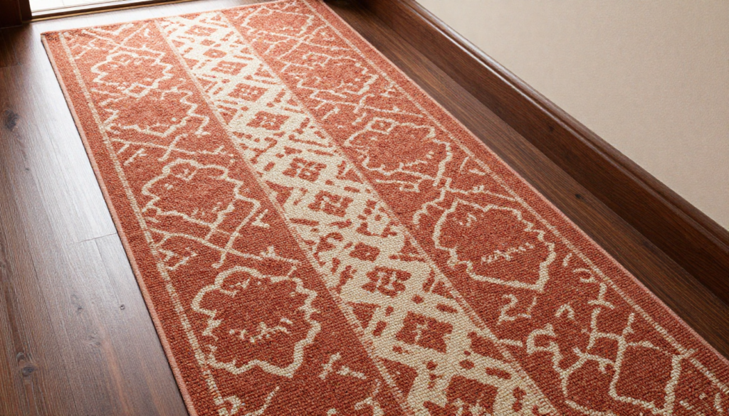 Rust and cream patterned carpet runner placed along a wooden hallway floor.