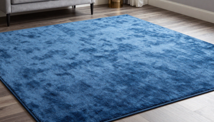 Luxury Wool Carpets In Solid Deep Blue Covering A Modern Living Room With Wooden Floors.