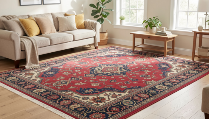 Custom Carpet Runners In A Red Traditional Pattern Placed In A Bright Living Room With Beige Sofa And Wooden Floors.