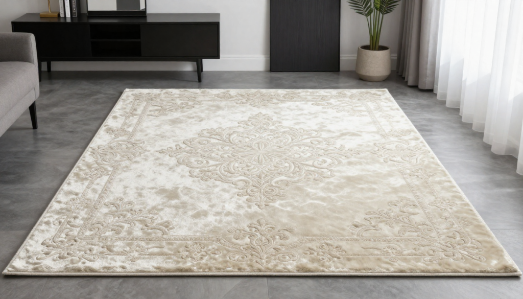 Luxury bedroom carpets in elegant cream medallion pattern placed on a sleek contemporary floor.