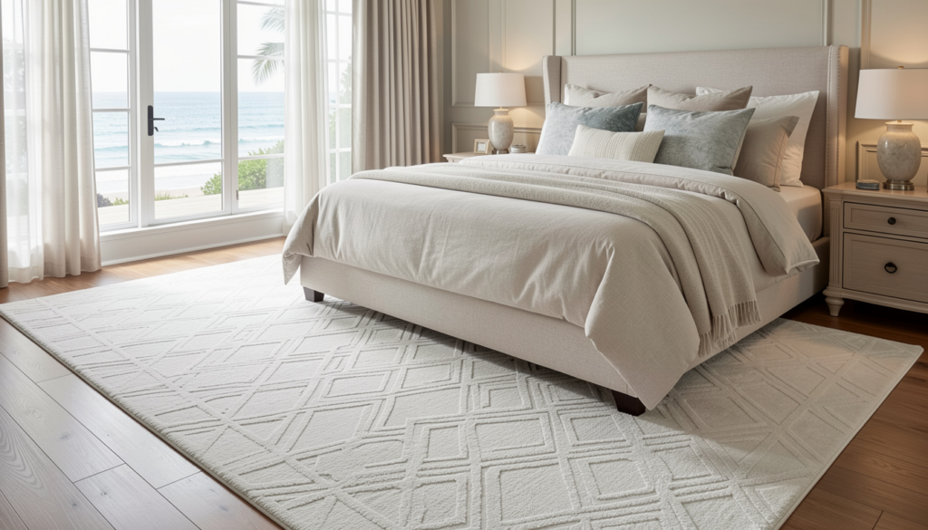 Luxury bedroom carpets in soft ivory geometric pattern beneath a coastal inspired bedroom set.