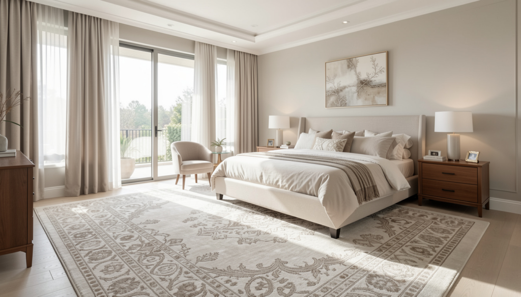 Luxury bedroom carpets with subtle beige border design in a bright modern bedroom.