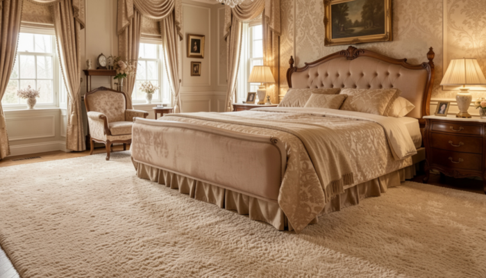 Luxury Bedroon Carpets In Thick Cream Shag Style Covering A Classic Bedroom With Ornate Décor