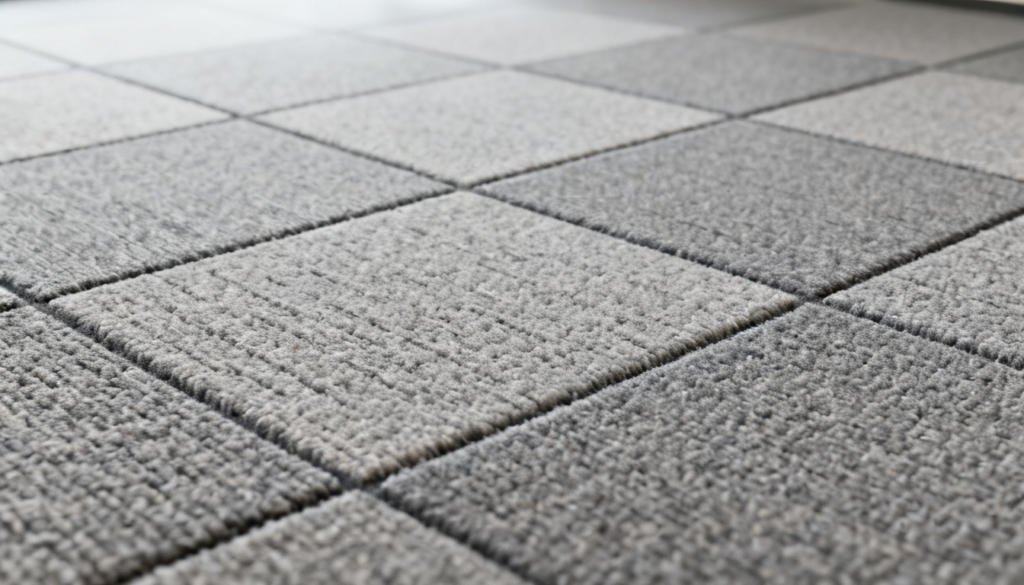 Close-up view of textured grey carpet tiles arranged in a seamless grid pattern