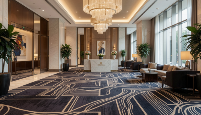 Elegant Hotel Lobby Featuring Plush Nylon Carpets With Modern Geometric Patterns, Complemented By Marble Accents, Large Windows, Indoor Plants, And A Grand Chandelier Creating A Warm, Luxurious Atmosphere