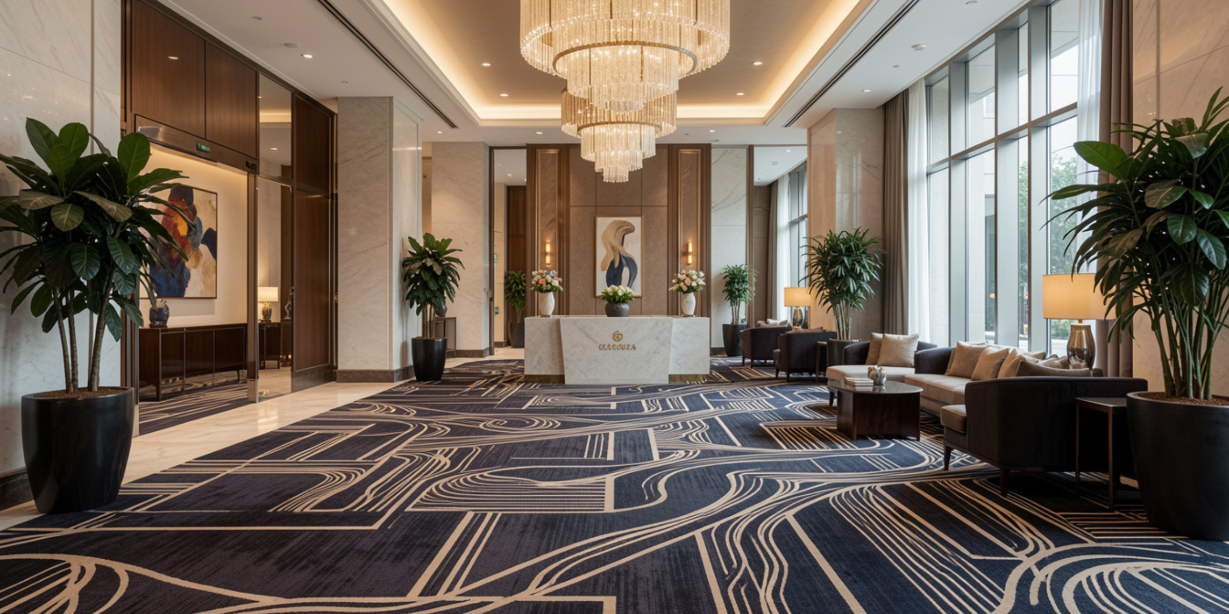 Elegant hotel lobby featuring plush Nylon Carpets with modern geometric patterns, complemented by marble accents, large windows, indoor plants, and a grand chandelier creating a warm, luxurious atmosphere
