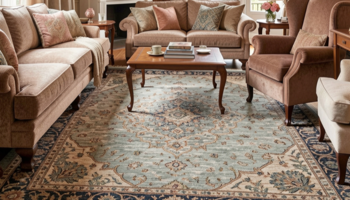 Elegant Living Room Featuring Traditional Custom Carpets With Intricate Patterns