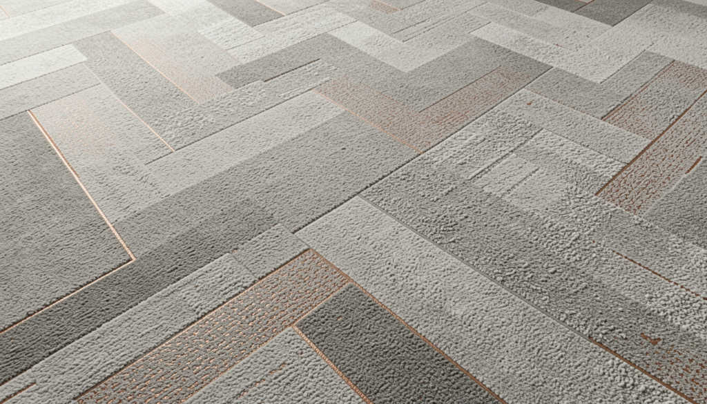 Neutral textured carpet tiles in modern herringbone pattern