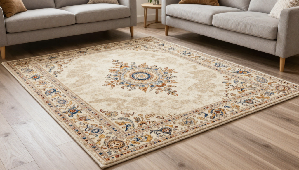 Minimalist lounge area showcasing beige floral custom carpets
