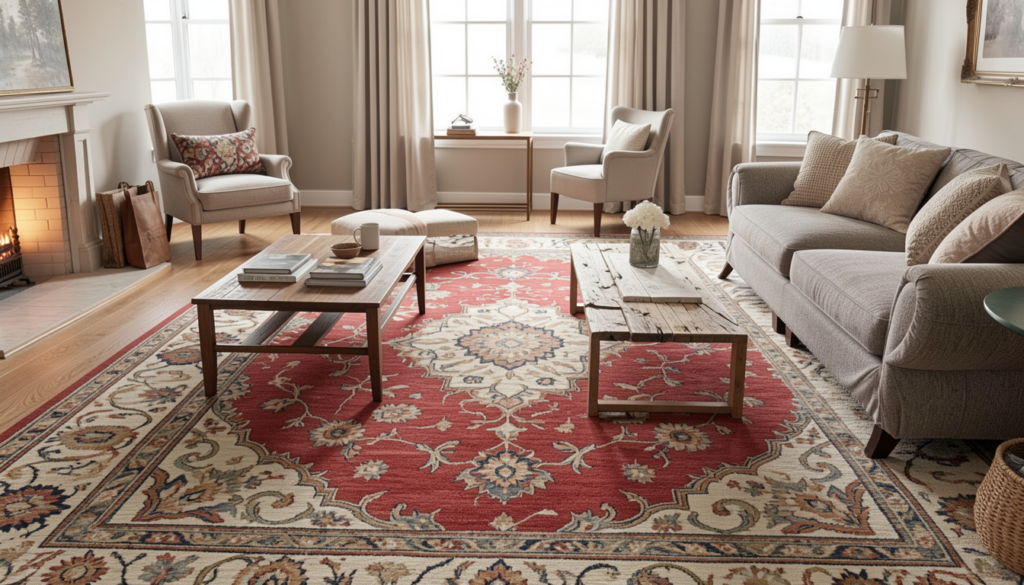 Cozy living room interior decorated with red vintage style custom carpets
