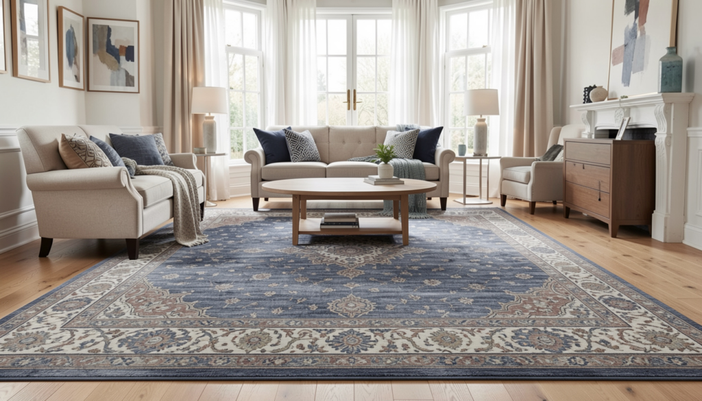 Modern living space styled with blue patterned custom carpets
