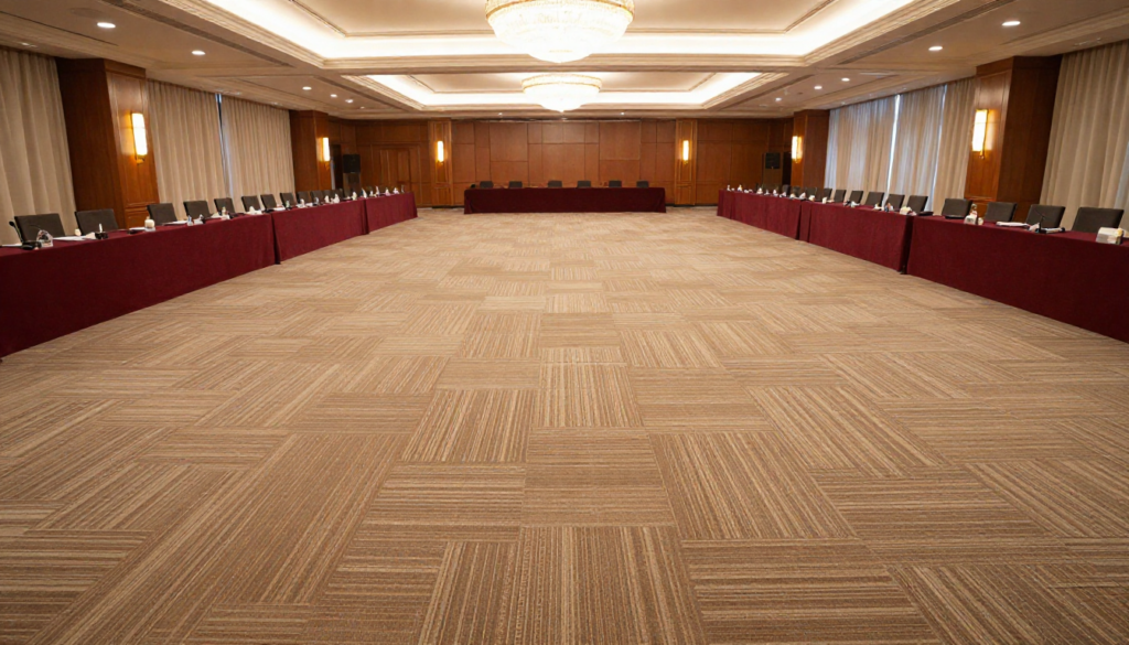 Luxury Carpets in the UAE installed in a grand conference hall with elegant chandeliers
