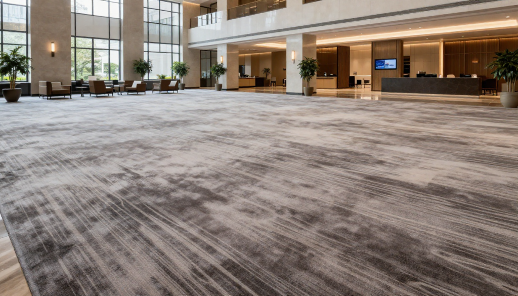 Luxury Carpets in the UAE covering a spacious contemporary hotel lobby floor.
