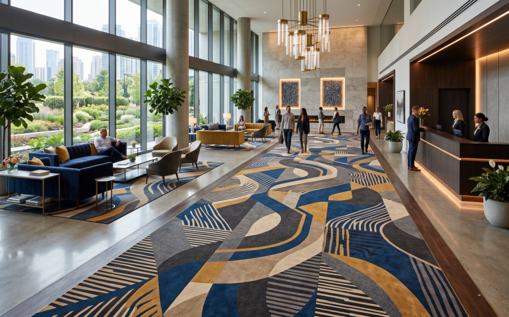 Contemporary office lobby featuring patterned Axminister Carpet flooring