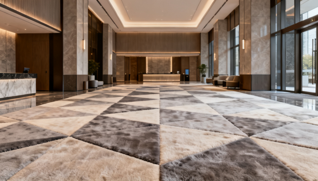 Customized Carpets in India with geometric patterns enhancing a modern luxury lobby interior.