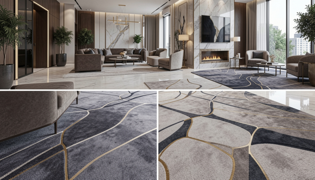 Luxury Custom Carpet featuring geometric patterns in a contemporary interior