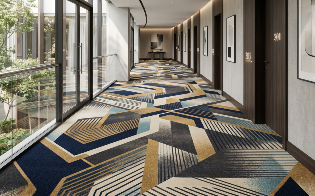 Modern hallway interior with stylish geometric Axminister Carpet design