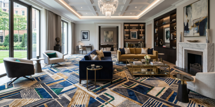 Luxury Living Room With Geometric Axminister Carpet And Modern Furnishings