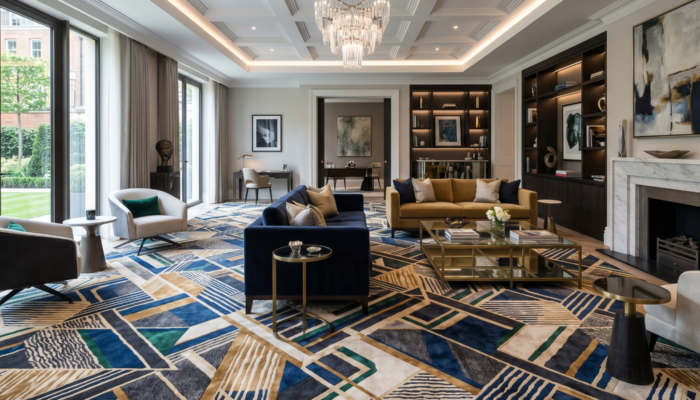 Luxury Living Room With Geometric Axminister Carpet And Modern Furnishings