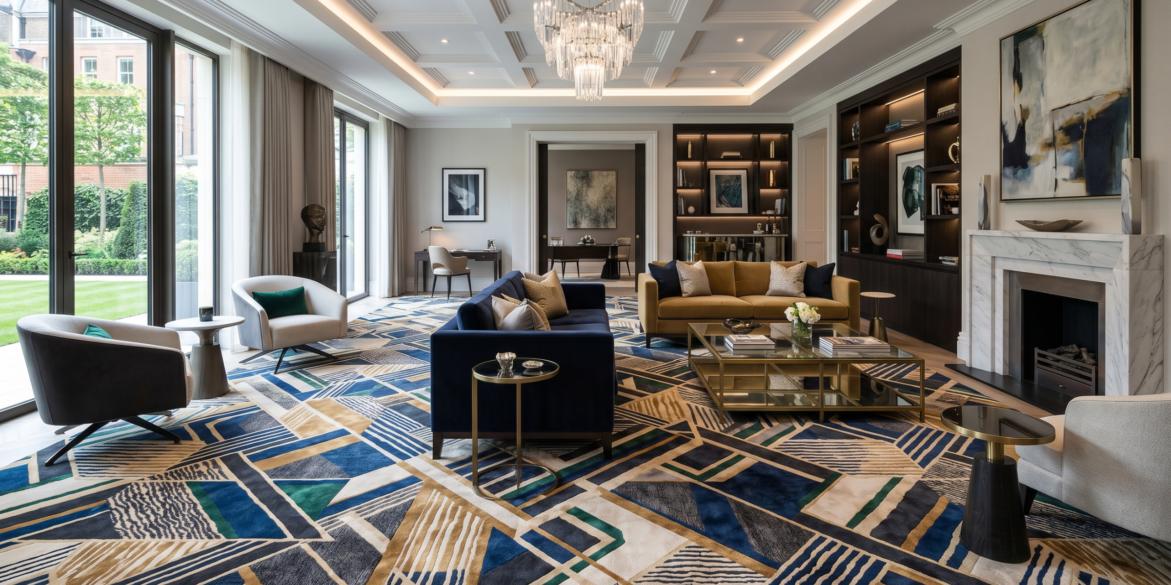 Luxury living room with geometric Axminister Carpet and modern furnishings