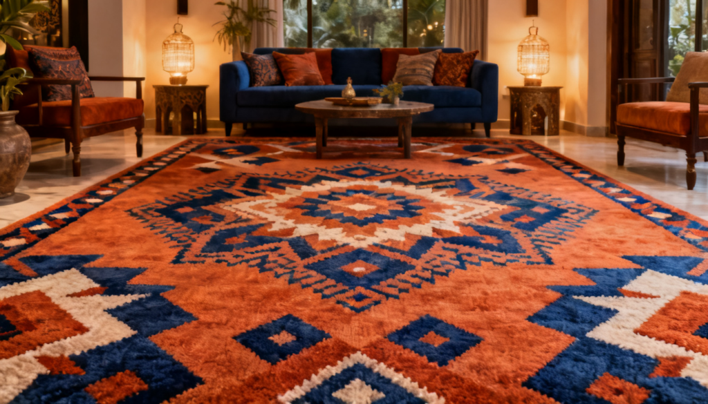 Vibrant Customized Carpets in India with traditional motifs styled in a cozy, well-lit living room.