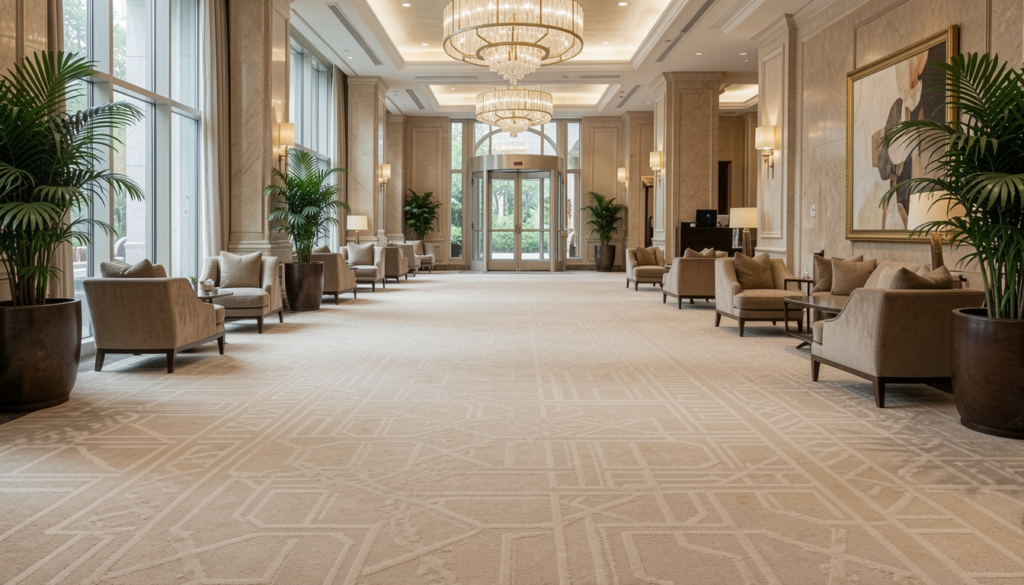 Elegant hotel lobby with chandeliers, beige carpet, and lounge seating.
