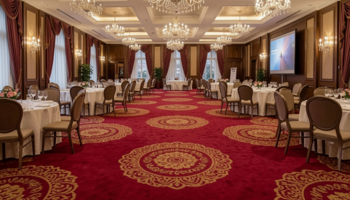 Grand Banquet Hall With Red Patterned Carpet, Round Tables, And Crystal Chandeliers.