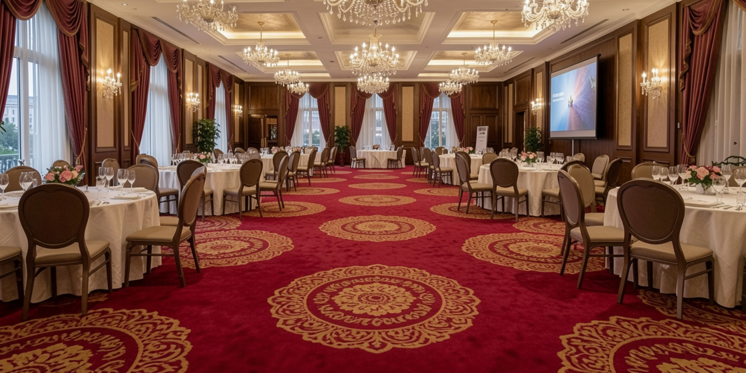 Grand banquet hall with red patterned carpet, round tables, and crystal chandeliers.