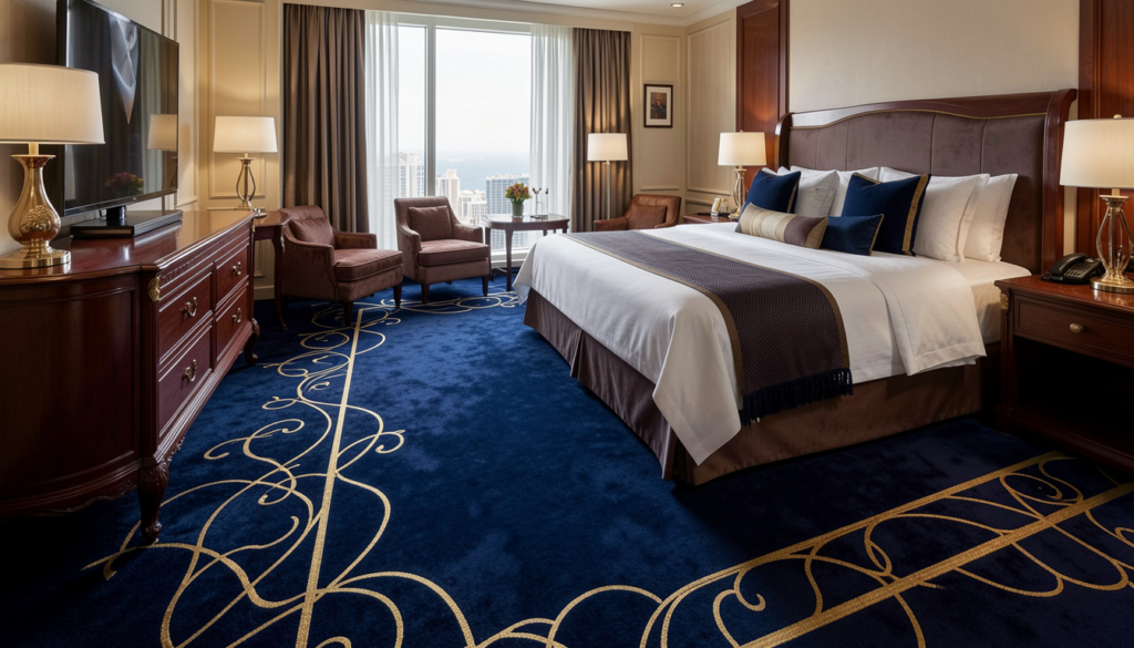 Luxurious hotel bedroom with blue patterned carpet and large bed.