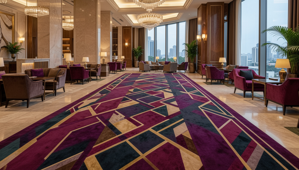 Luxury Carpets in Qatar with bold custom designs enhancing luxury hotel lobby aesthetics.