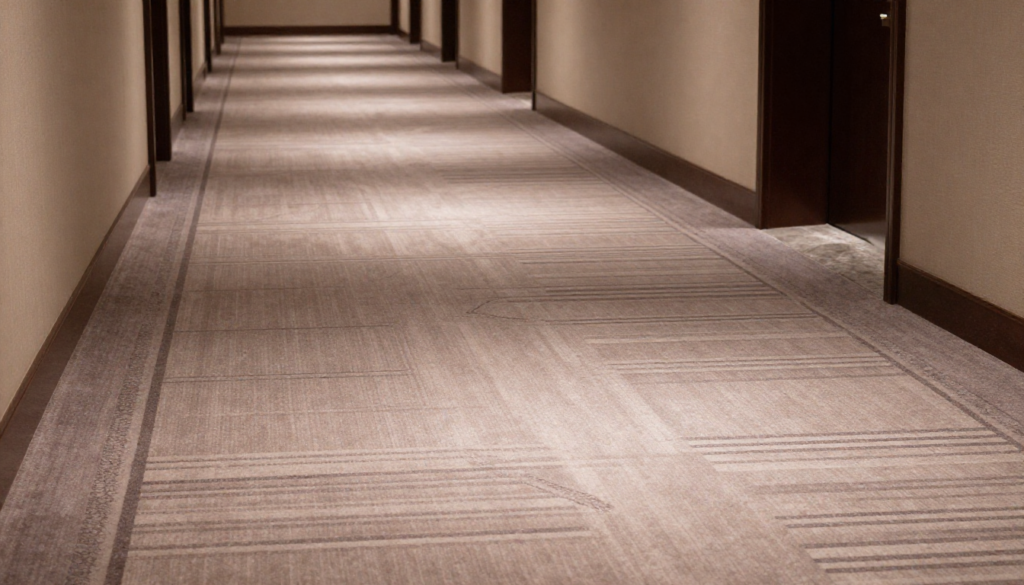 Quiet hotel hallway with neutral carpet and wooden doorways.